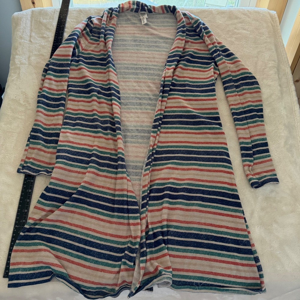 Crepas Womens Longline Striped Open Front Cardigan Blue Orange Size L C1637-14